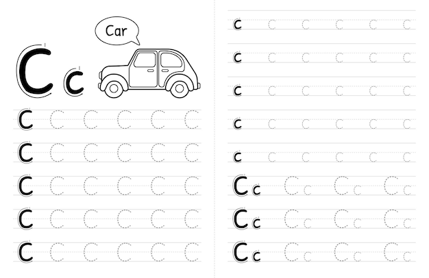 Abc 알파벳 그림 프리미엄 벡터 요소 문자 C와 워크시트를 작성 하는 아이 들을 위한 책 인테리어를 추적