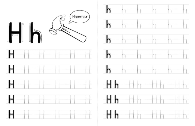 Abc alphabets tracing book interior for kids bambini che scrivono foglio di lavoro con immagine elementi vettoriali premium lettera h