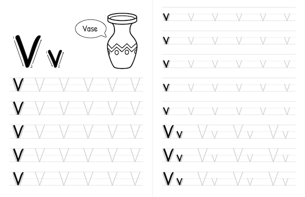 Abc 알파벳 그림 프리미엄 벡터 요소 문자 V와 워크시트를 작성 하는 아이 들을 위한 책 인테리어를 추적
