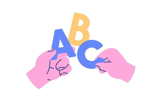 ABC、手のアイコンの基本的なアルファベット文字。子供の教育、学習、勉強のためにA、B、Cを保持する腕。初心者向けの簡単な初級。白い背景に分離されたフラット グラフィック ベクトル図