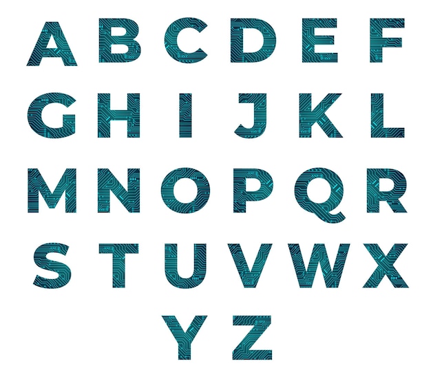 Font di scheda di circuito abc tecnologia digitale alfabeto futuristico moderne caratteri di colore blu vettore