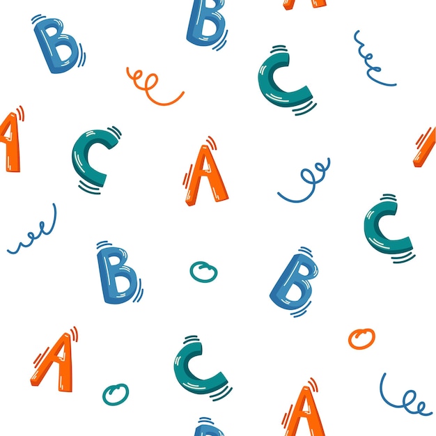 Abc seamless pattern lettere per lo studio e la lettura concetto di apprendimento dell'inglese lettere maiuscole colorate per bambini stampa scuola festa di carnevale tipografia illustrazione vettoriale