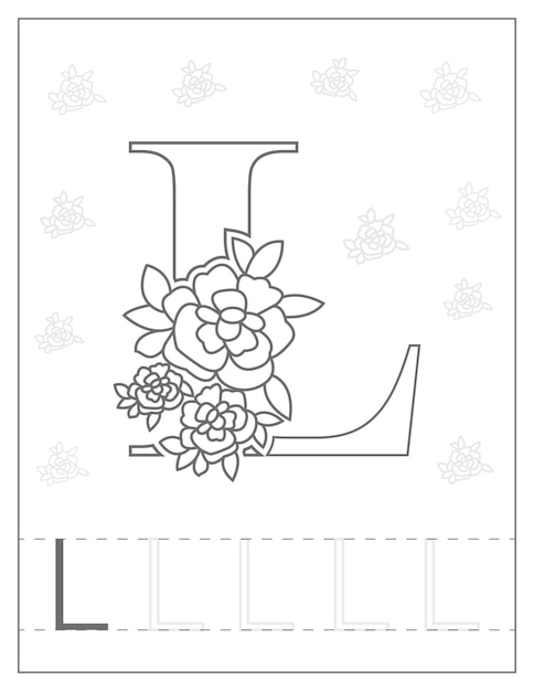 Abcdラインアートぬりえページ花のアルファベットアウトライン教育キッズスクールのぬりえページ