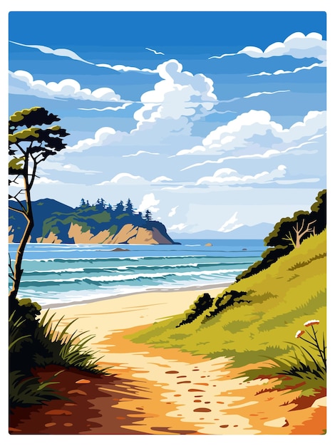 Vettore abel tasman coastal track nuova zelanda vintage travel poster souvenir postcard ritratto pittura wpa