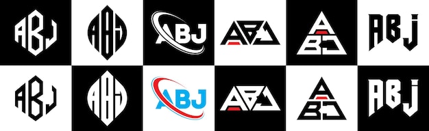 6 スタイルの abj 文字ロゴ デザイン abj ポリゴン サークル トライアングル 六角形 フラットでシンプルなスタイル、1 つのアートボードに設定された黒と白のカラー バリエーション文字ロゴ abj ミニマリストおよびクラシック ロゴ