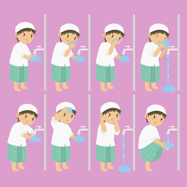 Ablution, wudhu steps for children vector collection