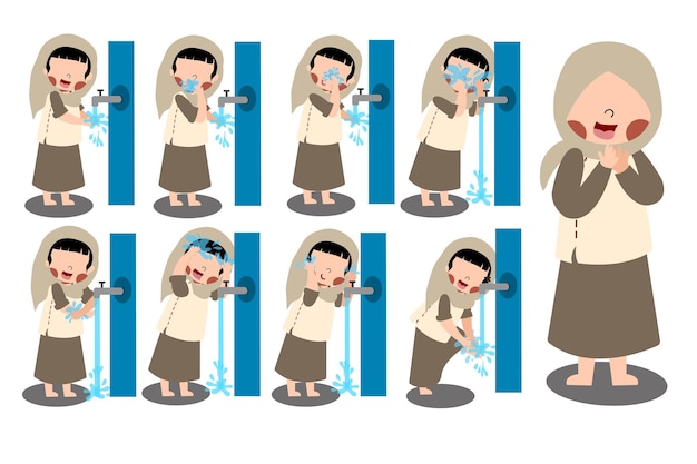 Ablution wudhu steps vector set for learning children