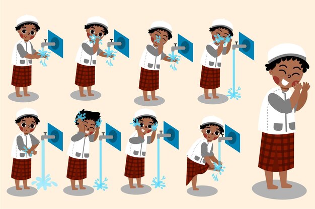 Ablution wudhu steps vector set for learning children