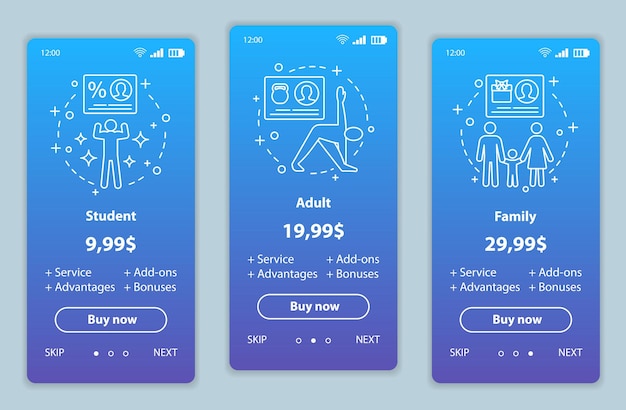 Abonnementsprijzen onboarding mobiele app-schermen vectorsjablonen