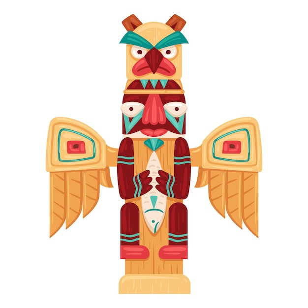 Aboriginal tiki totem cartoon wooden pole totem idol ethnic hawaiian or african culture totem ritual idol statue flat vector illustration indigenous idol winged sculpture