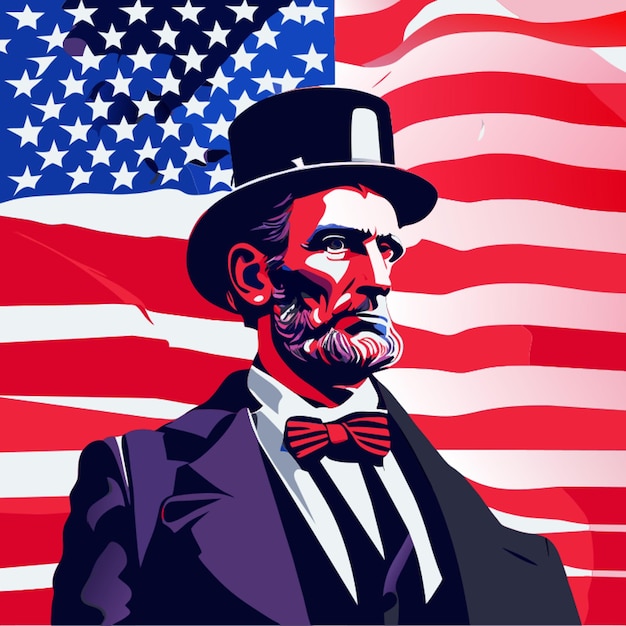 Vettore abraham lincoln in piedi di fronte alla bandiera americana illustrazione vettoriale