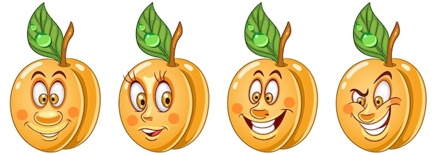 Vector abrikoos. cartoon emoji gezichten. grappige fruitkarakters.