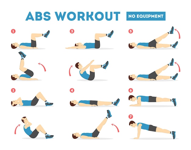 Тренировка ABS для мужчин Спортивные упражнения для идеального пресса Подходящее тело и здоровый образ жизни Тренировка мышц Изолированная векторная иллюстрация