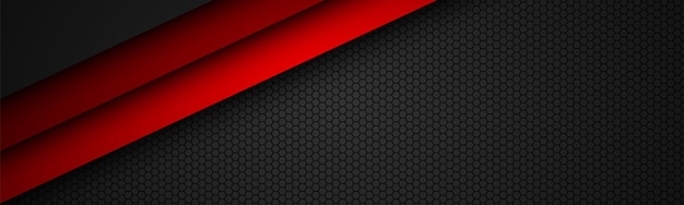 Vector abstact red line vector header with octagonal mesh overlap layers on black banner with hexagonal pattern modern vector background