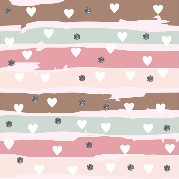 Vector abstarct striped pattern with hearts and glittery hexagon