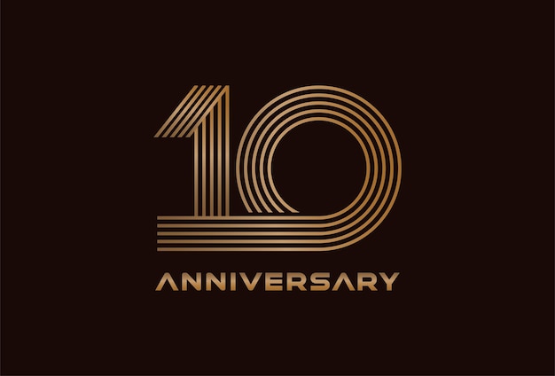 Logo astratto a 10 numeri stile linea monogramma a 10 numeri in oro, utilizzabile per anniversario e logo aziendale