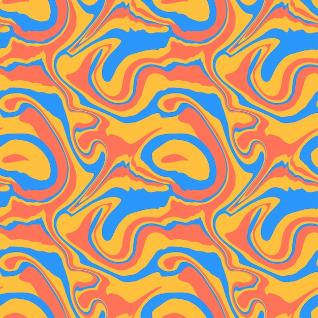 Abstract 1970 liquid marble seamless pattern Red yellow blue wavy Groovy trippy distort psychedelic