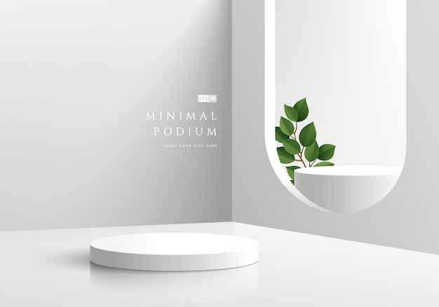 abstract 3d background realistic white and gray cylinder pedestal podium in arch window green leaf