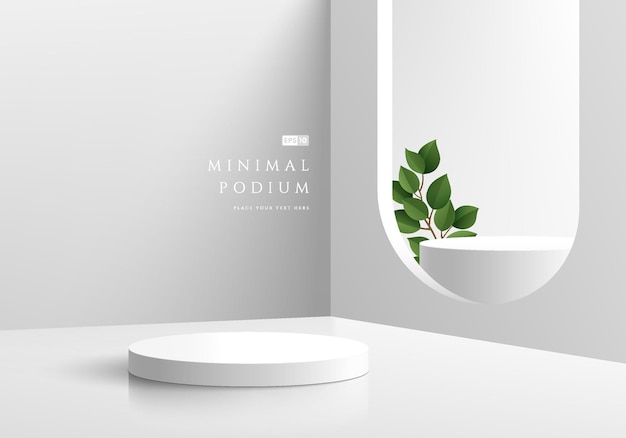 Abstract 3d background realistic white and gray cylinder pedestal podium in arch window green leaf