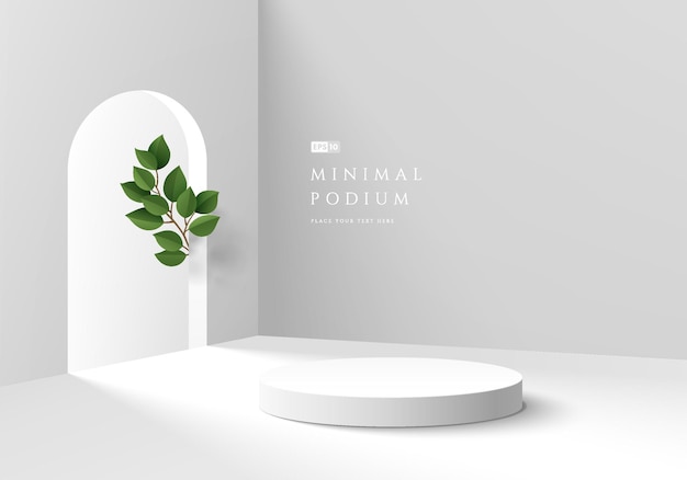 Vector abstract 3d background realistic white gray cylinder pedestal podium with arch door and green leaves