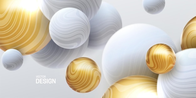 abstract 3d background with marbled white and golden flowing spheres