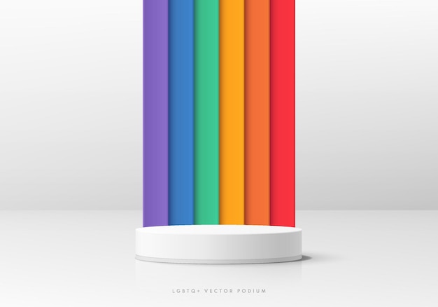 Вектор Абстрактный 3d-фон с реалистичным белым цилиндрическим подиумом. вертикальная полоса в радуге лгбтк.