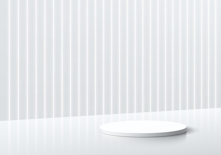 Vector abstract 3d background with white cylinder product stand podium and vertical neon light wall scene