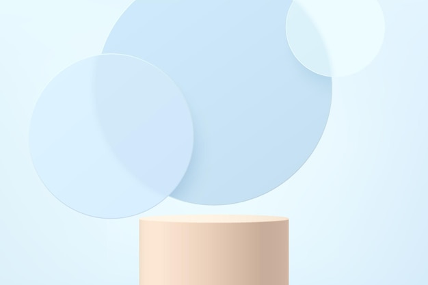 Abstract 3D beige cylinder pedestal or stand podium with blue circle glass overlap layers backdrop