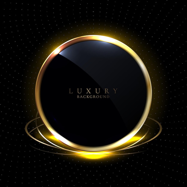 Abstract 3d black glossy circles golden ring round frame and lighting effect with gold particle on black background luxury style vector illustration