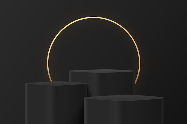 Абстрактные 3D черные ступени круглый угловой кубический пьедестал или подиум с роскошным светящимся золотым кольцом