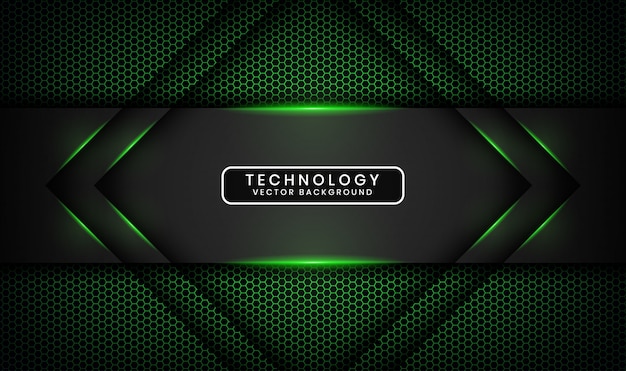 Abstract 3D black technology background with hexagon textured, Overlap layer with green light effect decoration