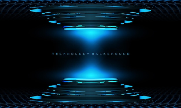 Abstract 3D blue cyber geometric futuristic technology stage black design modern background vector