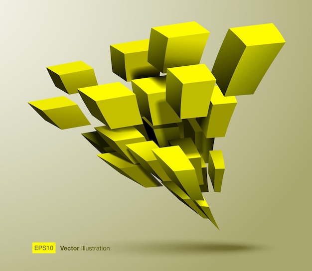 Vector abstract 3d composition of yellow cube shapes in perspective building geometric box objects vector