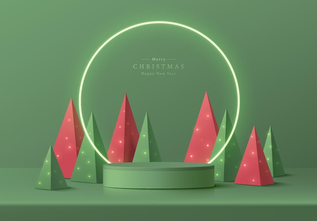 Vector abstract 3d cylinder pedestal podium circle neon light background red green pyramid christmas tree