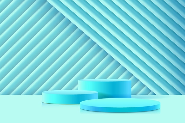 抽象的な 3 d 円柱台座青い幾何学的な立方体のプラットフォームと表彰台光の最小限の壁のシーン製品のプレゼンテーションのためのモダンなベクトル レンダリング