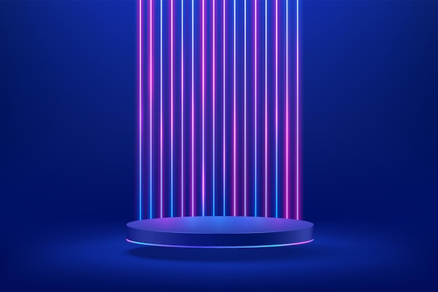 abstract 3d dark blue cylinder pedestal podium with vertical glowing neon lighting background