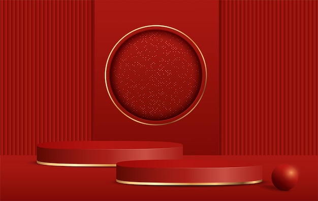 金色の円とキラキラの背景を持つ抽象的な3dダークレッドシリンダー台座表彰台製品ディスプレイプレゼンテーションのための豪華なダークレッドの壁のシーン