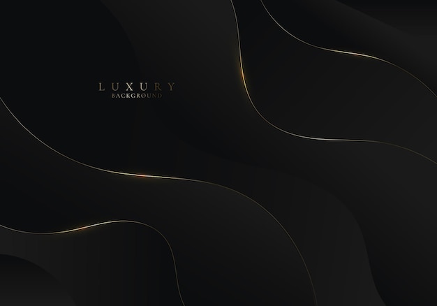 Abstract 3D elegant black wave curve shape background with golden wavy lines and lighting Luxury style