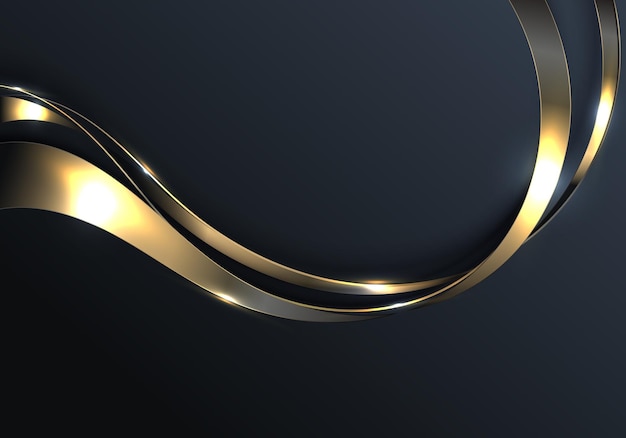 Абстрактные 3d элегантные изогнутые линии золотой волны и световой эффект на черном фоне