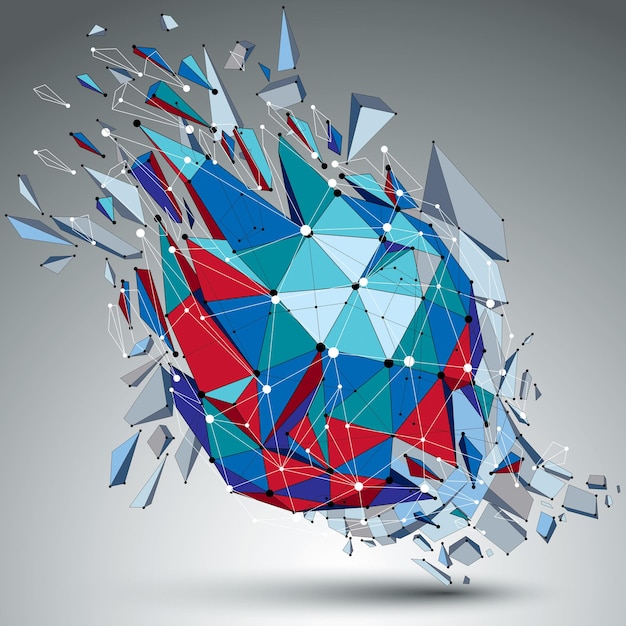 Abstract 3d faceted blue figure with connected black lines and dots. Vector low poly shattered design element with fragments and particles. Explosion effect.