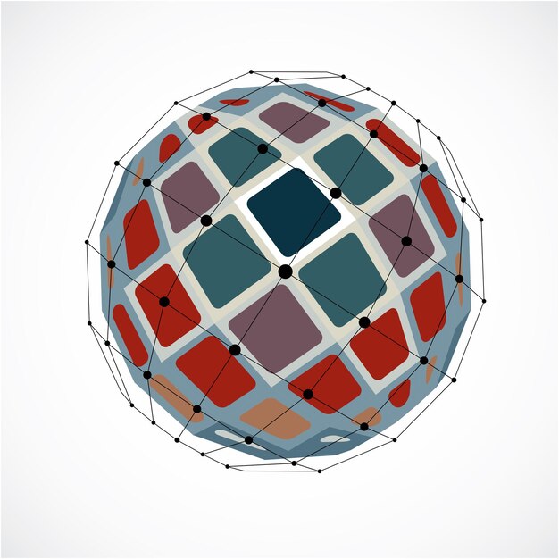 Вектор Абстрактная трехмерная граненая фигура с соединенными черными линиями и точками. векторный низкополигональный красочный элемент дизайна, созданный с помощью квадратов. кибернетическая форма шара с сеткой и сеткой линий.