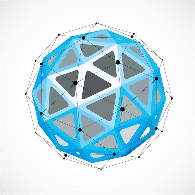 Abstract 3d faceted figure with connected black lines and dots. Blue vector low poly design element, cybernetic orb shape with grid and lines mesh.