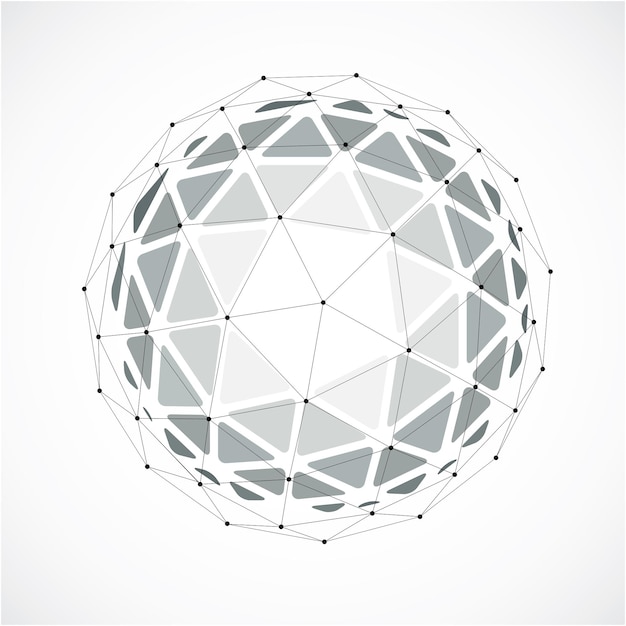 Abstract 3d faceted figure with connected black lines and dots. monochrome vector low poly design element, cybernetic orb shape with grid and lines mesh.