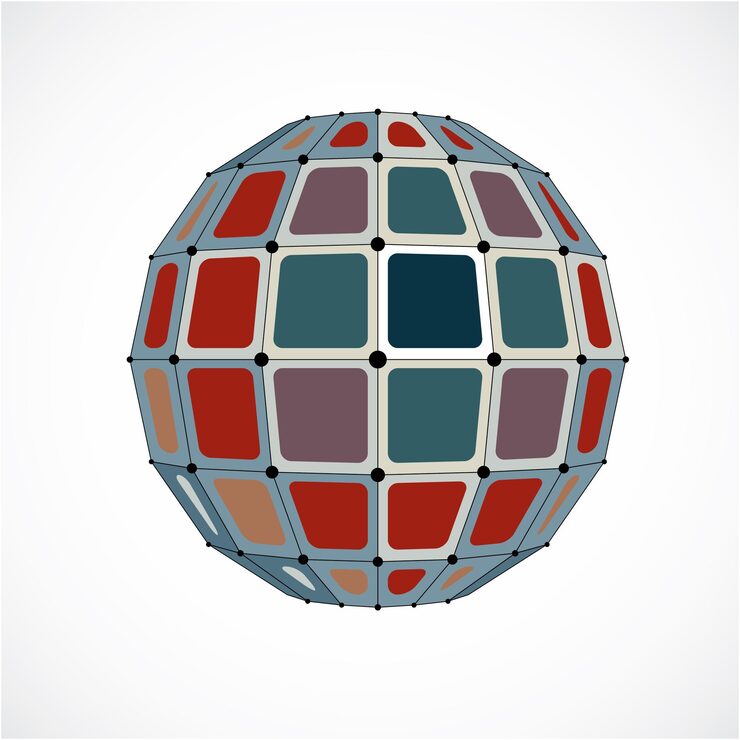 Vector 연결된 검은색 선과 점이 있는 추상 3d 면처리된 그림. 사각형으로 만든 벡터 낮은 폴리 다채로운 디자인 요소입니다. 격자와 선 메쉬가 있는 사이버네틱 구 모양입니다.