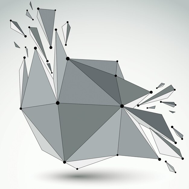 Abstract 3d faceted figure with connected black lines and dots. Vector low poly shattered design element with fragments and particles. Explosion effect.