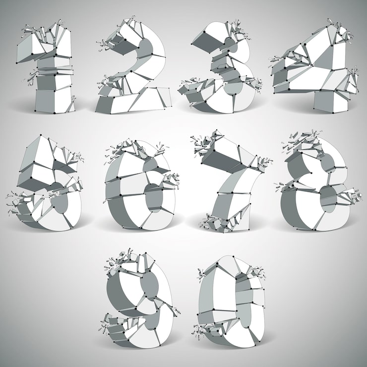 Vector 연결된 검은색 선과 점이 있는 추상 3d 면처리된 단색 숫자입니다. 조각과 입자가 있는 벡터 낮은 폴리 부서진 디자인 요소 집합입니다. 폭발 효과, 스레드 개체.