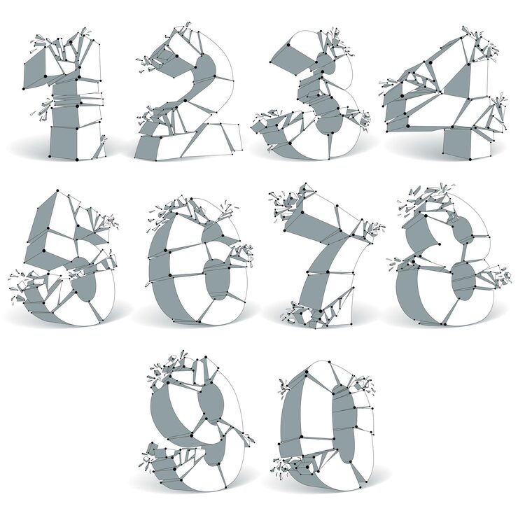 Vector 연결된 검은색 선과 점이 있는 추상 3d 면처리된 단색 숫자입니다. 조각과 입자가 있는 벡터 낮은 폴리 부서진 디자인 요소 집합입니다. 폭발 효과, 스레드 개체.