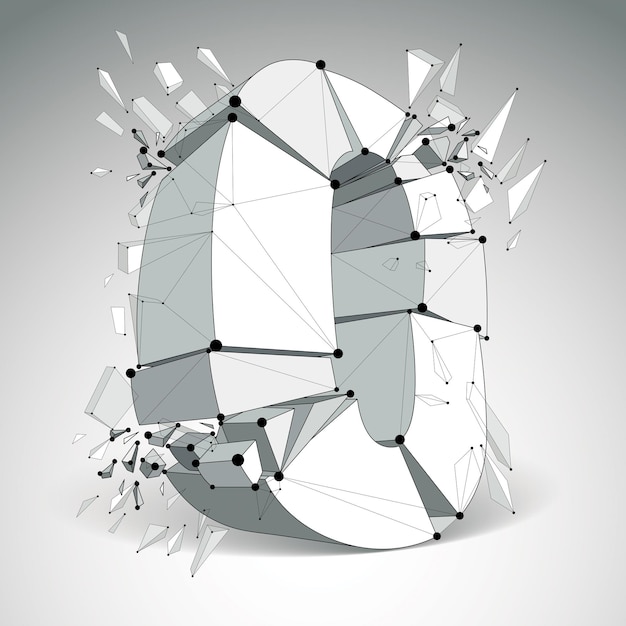 Abstract 3d gefacetteerd nulgetal met verbonden zwarte lijnen en punten. Vector laag poly verbrijzeld ontwerpelement met fragmenten en deeltjes. Explosie-effect.