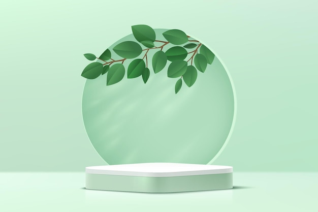 abstract 3d green and white round corner cube pedestal podium with leaf inside circle on the wall