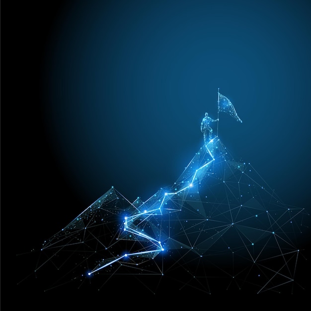 Abstract 3d man climbing to the top Digital vector wireframe of human holding flag in dark blue